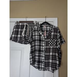 Victoria's Secret Plaid Pajama Set- Medium- Black White Pink Flannel Gingham